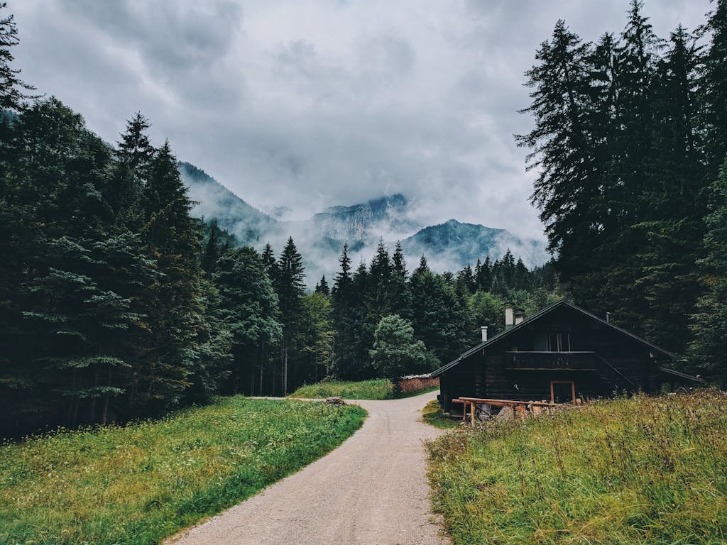 A picturesque cabin surrounded by misty forests and mountains in the German Alps.