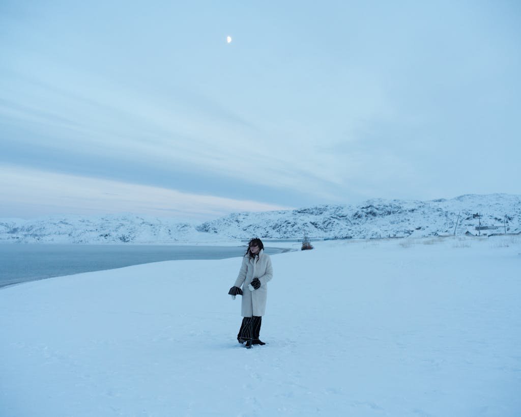 A woman in a fur coat stands on a snowy field under the moonlit sky.